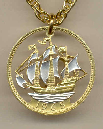 Beautifully Cut out & 2-toned  British Sailing ship - coin Necklace