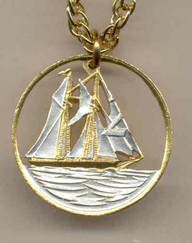 Beautifully Cut out & 2-toned  Cayman Is. Sail boat - coin Necklace
