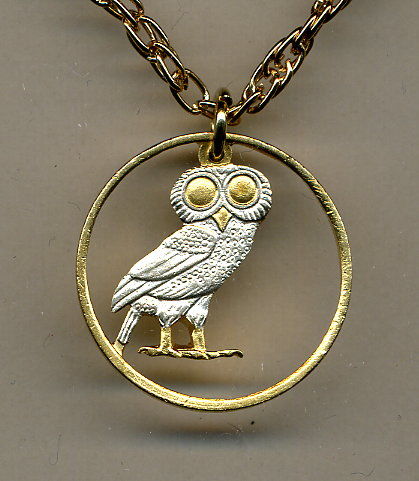 Beautifully Cut out & 2-toned Greek Owl - coin Necklace