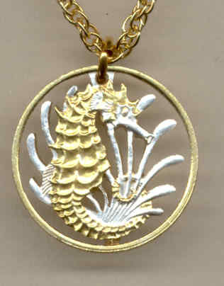 Beautifully Cut out & 2-toned Singapore Seahorse & Seaweed  - coin Necklace