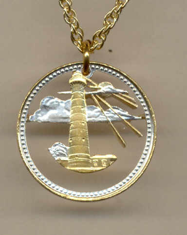 Beautifully Cut out & 2-toned Barbados Lighthouse  - coin Necklace