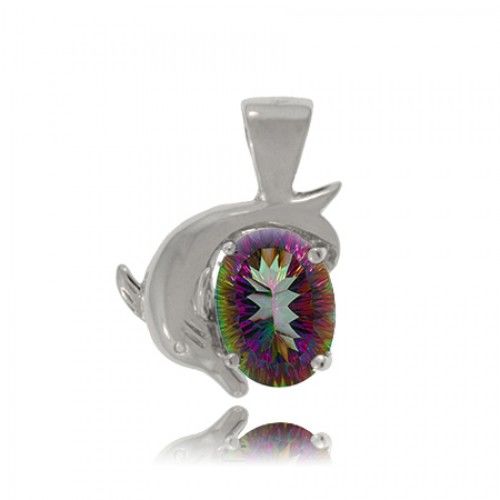 Sterling Silver Dolphin Pendant W/ Mystic Fire Topaz