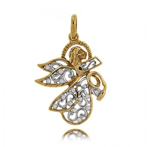 Flat Diamond Angel Pendant in 10k Yellow & White Gold