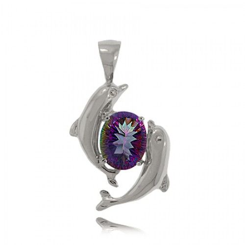 Dolphin Pendant in Sterling Silver W/ Mystic Fire Topaz