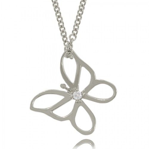 Sterling Silver Butterfly Pendant with Clear Cz Stone