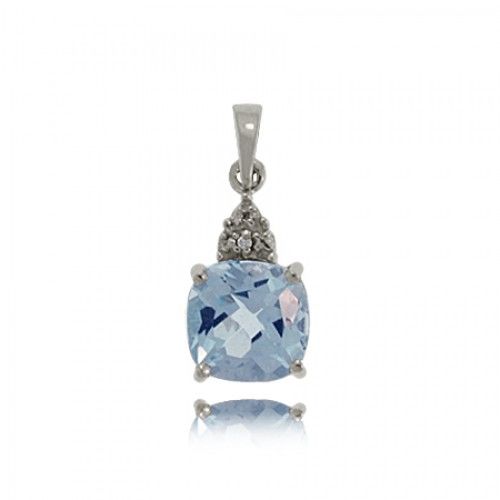 Blue Topaz Pendant Sterling Silver Solitaire W/ Diamond