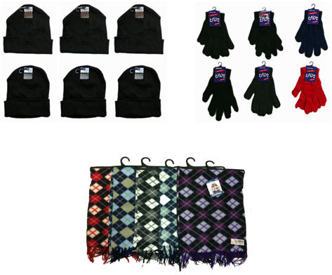 Winter Beanie Hats, Black Gloves, Argyle Scarves Case Pack 180