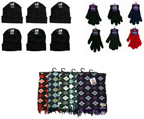 Winter Beanie Hats, Black Gloves, Argyle Scarves Case Pack 180
