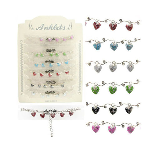 Silvertone Anklets w/Glittered Enamel Hearts Case Pack 60