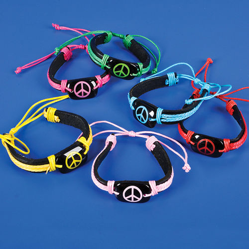 7"" Leather Bracelet With Neon Peace Sign Case Pack 12