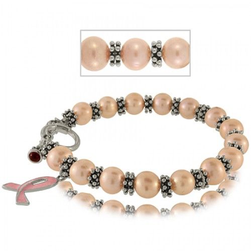 Pearl Pink Ribbon Bracelet Sterling Silver with Toggle