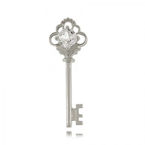 Key Pendant with White Sapphire Gem in 10k White Gold