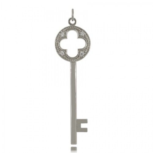 Sterling Silver Clover Key Pendant Jeweled 2 5/16