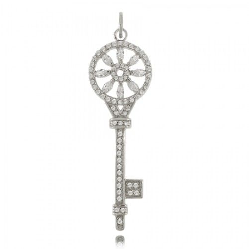 Sterling Silver Key Pendant  W/ Cz Flower 2-1/16"" Tall