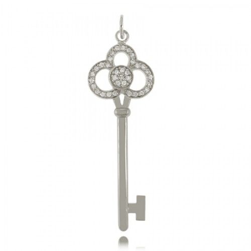 Sterling Silver Clover Leaf Key Pendant 2 1/8"" Jeweled