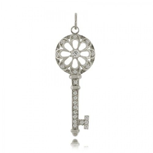 Jeweled Flower Key Pendant Sterling Silver 1 11/16