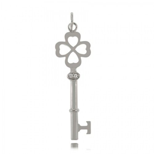 Sterling Silver Shamrock Key Pendant 1 5/8"" Jeweled