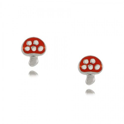 Mushroom Earrings in Sterling Silver with Red Enamel For Babies & Girls - 1/4