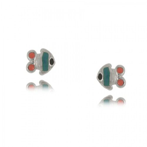 Colored Enamel Fish Children'S Earrings in Sterling Silver - 3/16
