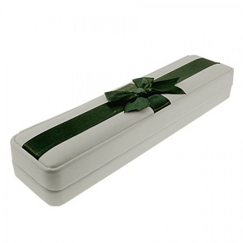 Bracelet Box White Leatherette W/ Green Satin Bow - New