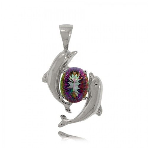 Sterling Silver Dolphin Pendant Oval Mystic Fire Topaz