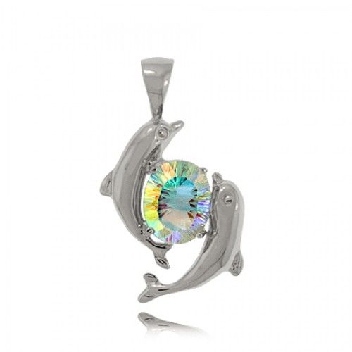 Radiant Sea Mist Topaz Dolphin Pendant Sterling Silver