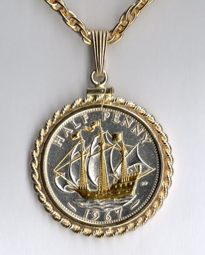 Gorgeous 2-Toned Gold & Silver British Sailing ship,  Coin Necklaces