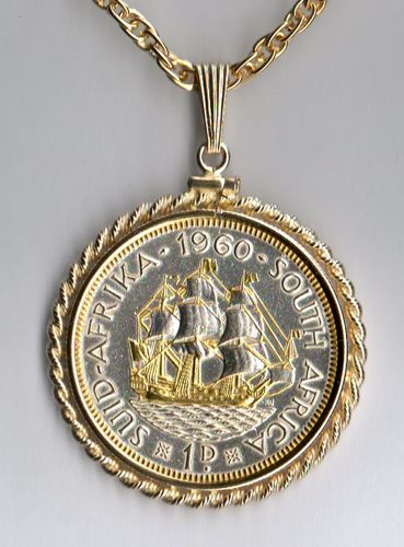 Gorgeous 2-Toned Gold & Silver So. African Sailing ship,  Coin Necklaces