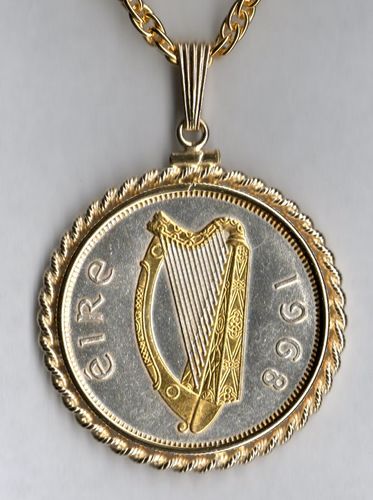 Gorgeous 2-Toned Gold & Silver Irish half dollar size Harp,  Coin Necklaces