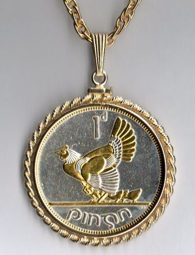 Gorgeous 2-Toned Gold & Silver Irish Chicken with chicks,  Coin Necklaces