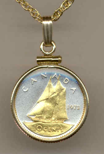 Gorgeous 2-Toned Gold on Silver Canadian Bluenose Sail boat,  Coin Necklaces