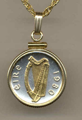 Gorgeous 2-Toned Gold on Silver Irish dime size Harp,  Coin Necklaces