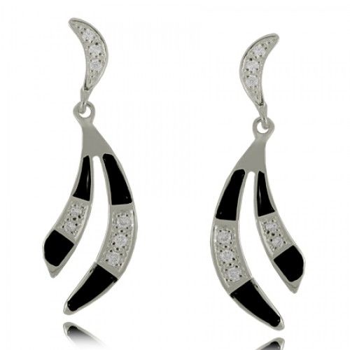 Dangle Earrings W/ Black Onyx and Cz in Sterling Silver