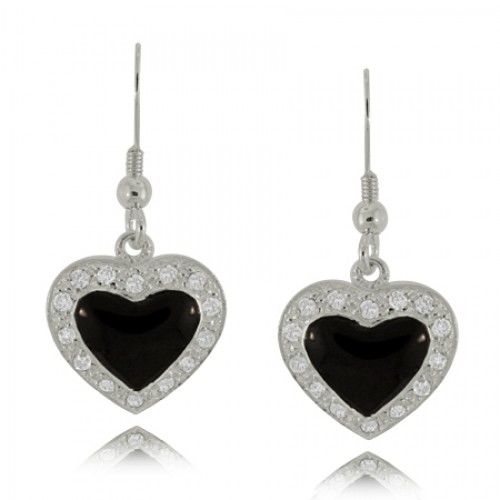 Heart Earrings W/ Black Onyx & Cz'S in Sterling Silver