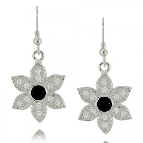 Flower Earrings Black Onyx & Clear Cz - Sterling Silver