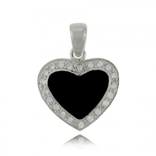 Black Onyx Heart Pendant W/ Cz Frame Sterling Silver