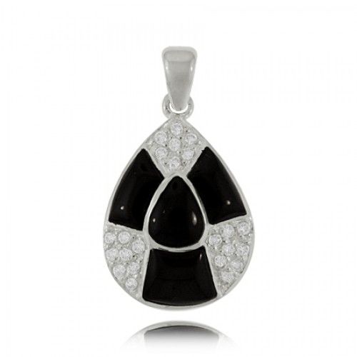 Onyx Pendant Cz Stones Sterling Silver Flat Pear Shape