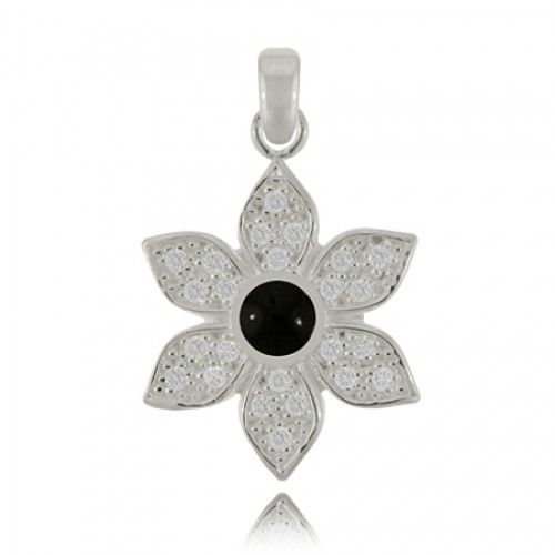 Flower Pendant W/ Black Onyx & Clear Cz Sterling Silver