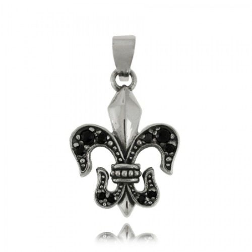 Sterling Silver Fleur-De-Lis Pendant Black Cz - 2 Sided