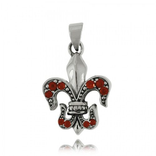Fleur-De-Lis Pendant Red Cz Reversible Sterling Silver
