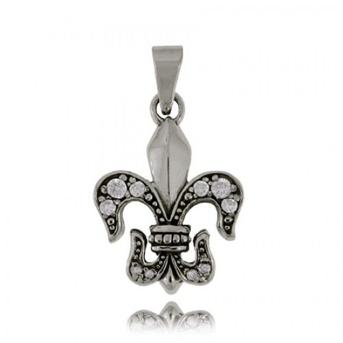 Sterling Silver Fleur De Lis Pendant - White Cz Stones