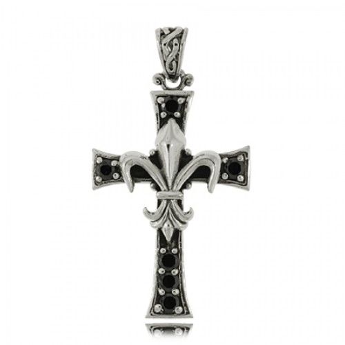 Black Cz Fleur Di Lis Cross Pendant in Sterling Silver