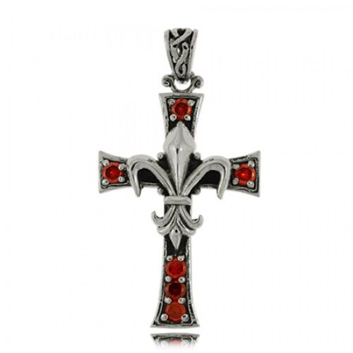 Fleur Di Lis Cross Pendant Sterling Silver W/ Red Cz