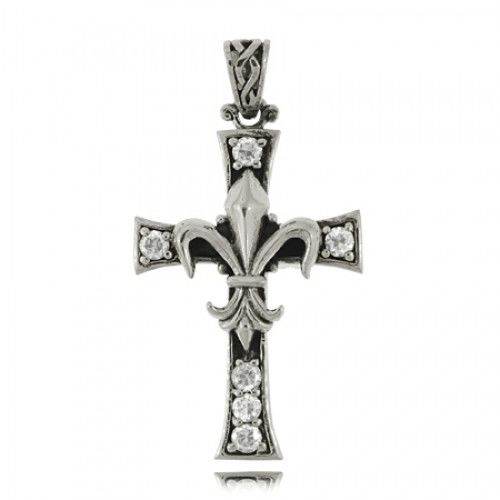 Sterling Silver Fleur De Lis Cross Pendant White Cz Gem