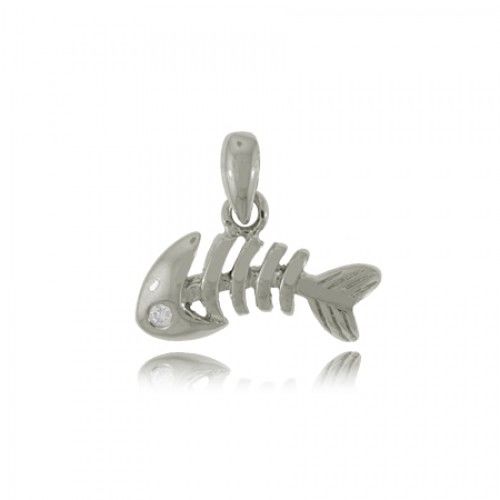 Fish Bone Skeleton Pendant in Sterling Silver with Cz