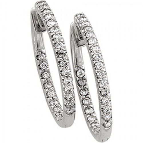 Diamond Earrings - 14k White Gold Hoops  1 Cttw
