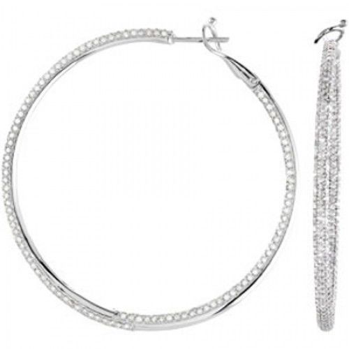 Diamond Earrings - 14k White Gold Hoops  3 7/8 Cttw