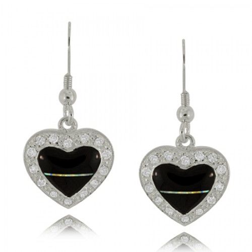 Black Onyx Heart Earrings in Sterling Silver - Cz Frame