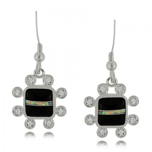 Black Onyx Dangle Earrings Sterling Silver W/ Cz Frame