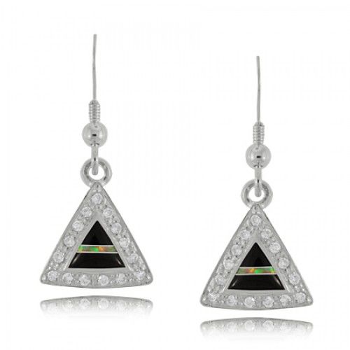 Onyx Earrings - Triangle Sterling Silver Dangles W/ Cz